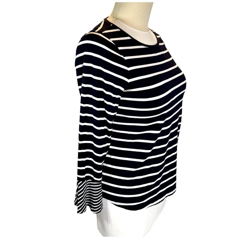Chico's - Women's L Blouse Navy Blue White Striped Bell Cuffed Boat Neck